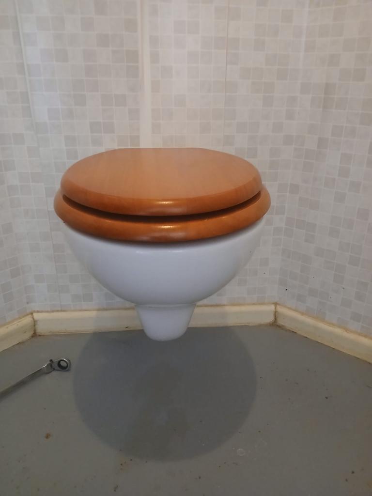 Wand wc met houten bril, Ophalen, Gebruikt, Steen, Toilet