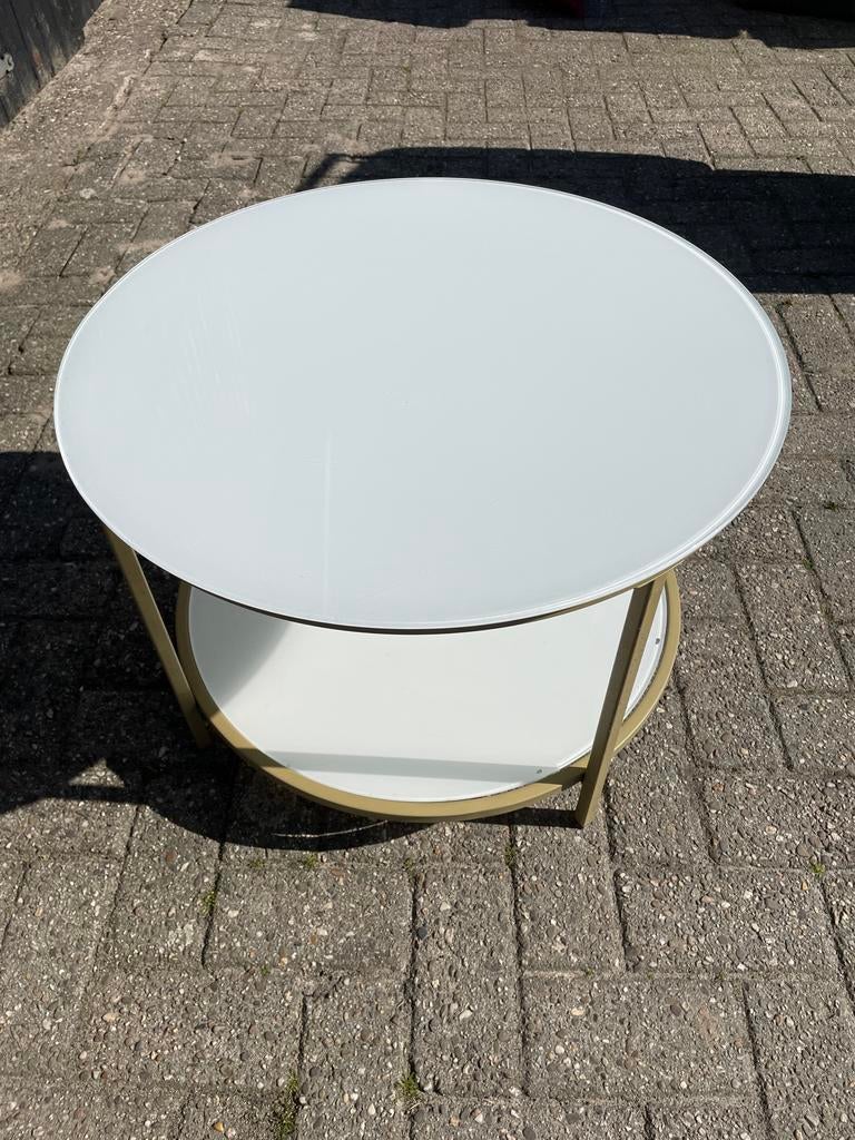 Rond salontafeltje met glazen blad - Diameter 65cm, Huis en Inrichting, Ophalen, Gebruikt, Rond, 50 tot 100 cm