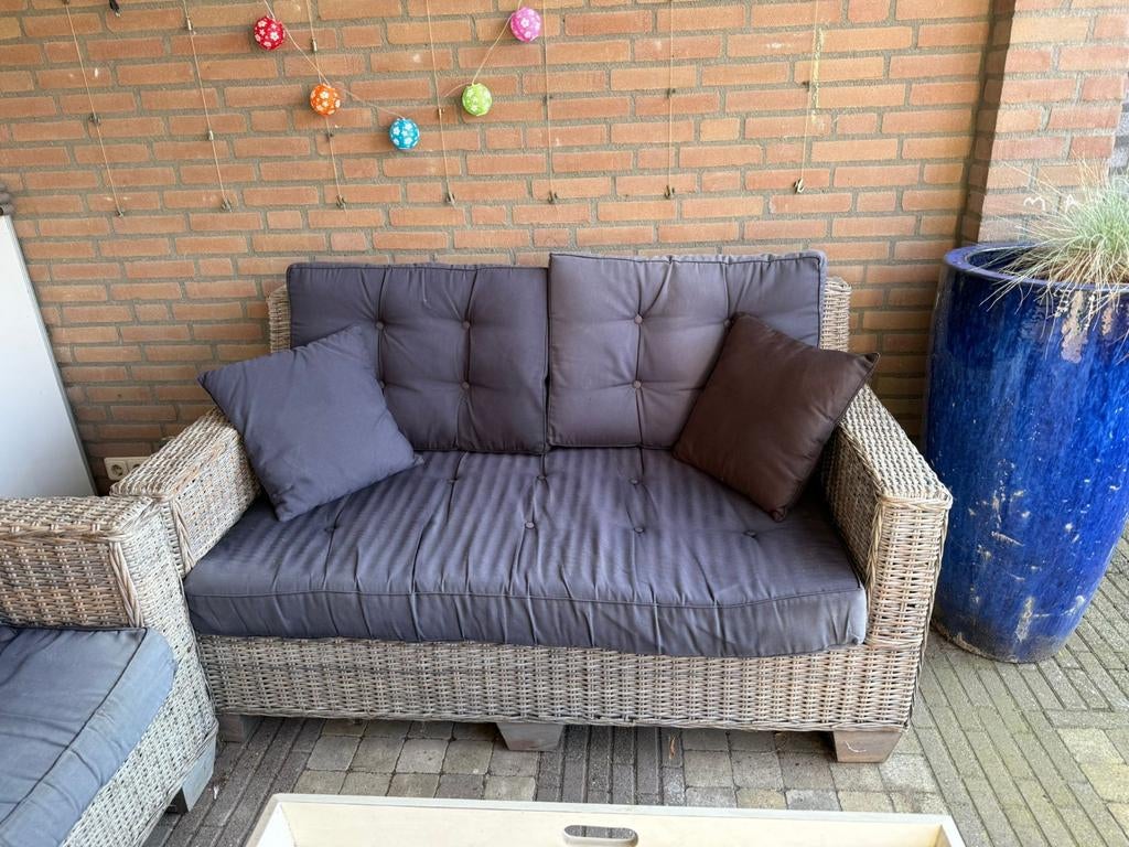 Gebruikte loungeset met hocker en houten blad, Ophalen, 6 zitplaatsen, Loungeset, Wicker