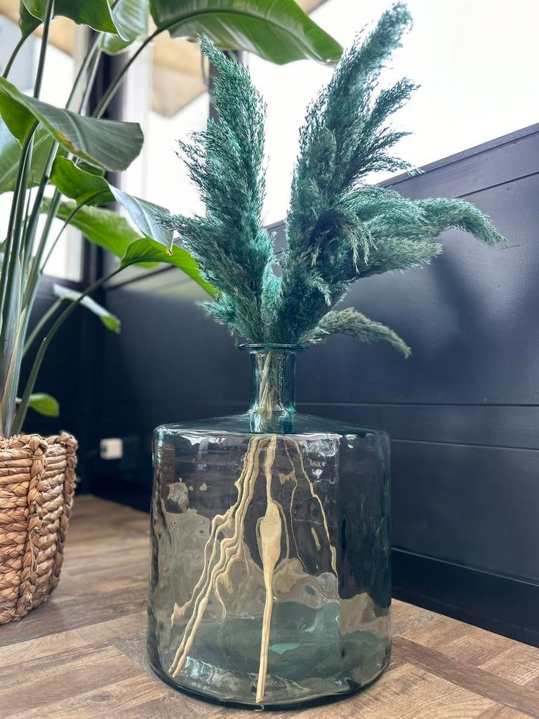 Grote zware fles vaas 35 cm hoog groen glas, Ophalen, Minder dan 50 cm, Groen, Glas