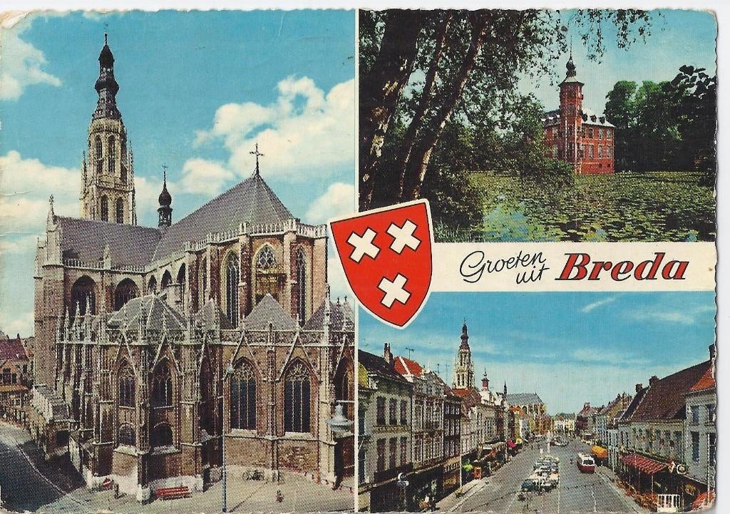 X1 gelopen ansichtkaart groeten uit breda, Ophalen of Verzenden, 1980 tot heden, Gelopen, Noord-Brabant
