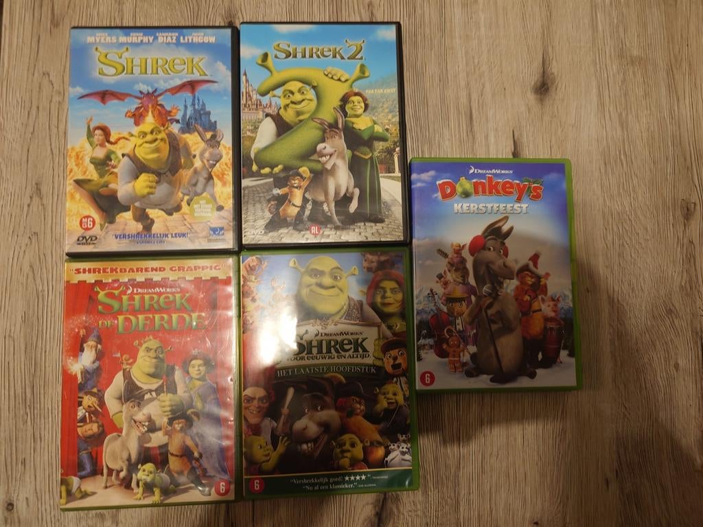 Shrek 1,2,3,4 ,Kerst 5x DvDs, Alle leeftijden, Ophalen of Verzenden, Zo goed als nieuw