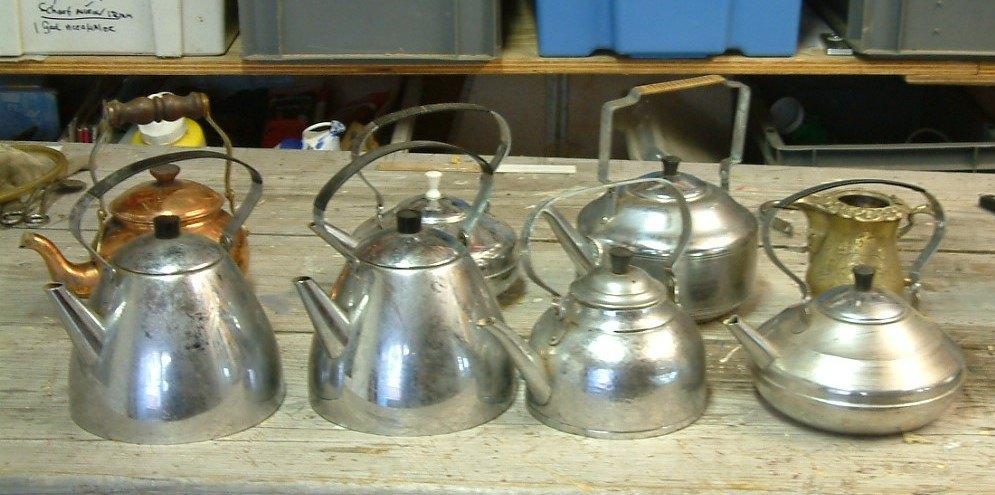 verzameling water keteltjes koper en koper verchroomde, Ophalen, Koper