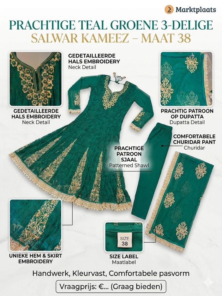 Prachtige Indiase Jurk - Groen met Gouden Borduurwerk, Maat 38/40 (M), Ophalen of Verzenden, Zo goed als nieuw, Onder de knie