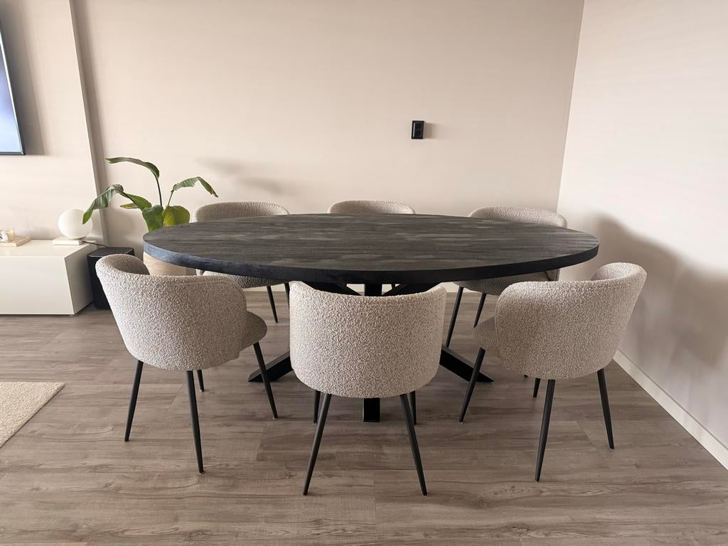 Eettafel met 6 bouclé stoelen, Huis en Inrichting, Complete eetkamers, Zo goed als nieuw, 4 tot 6 stoelen, Ophalen