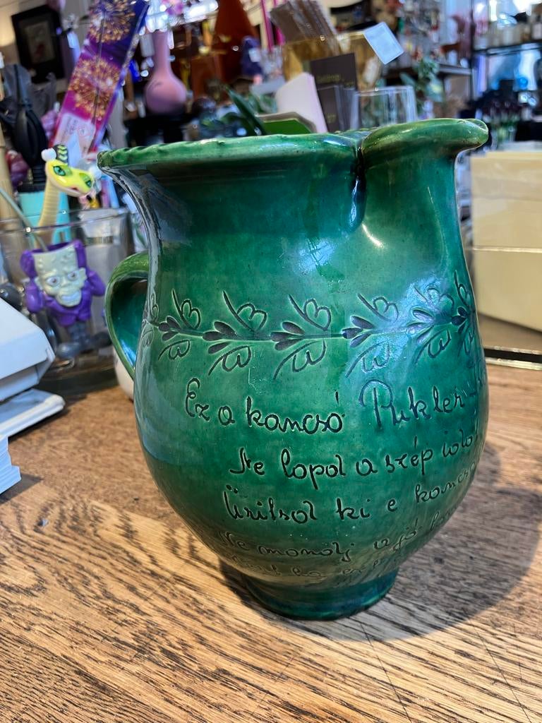 Groene kruik met tekst Tsjechisch aardewerk, Ophalen of Verzenden
