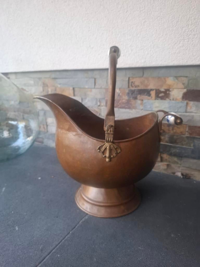 Antieke Koperen Kolenkit met Porseleinen Handvatten, Ophalen of Verzenden