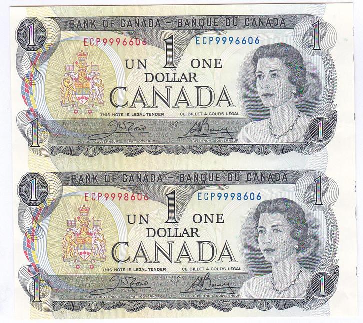 Canada 1 dollar in ongesneden paar van 2 stuks, Postzegels en Munten, Bankbiljetten | Amerika, Noord-Amerika, Ophalen of Verzenden