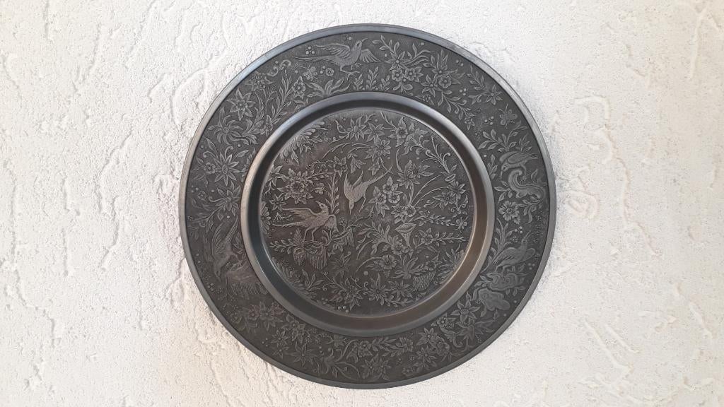 Massief tinnen (wand)bord, oud, Ophalen