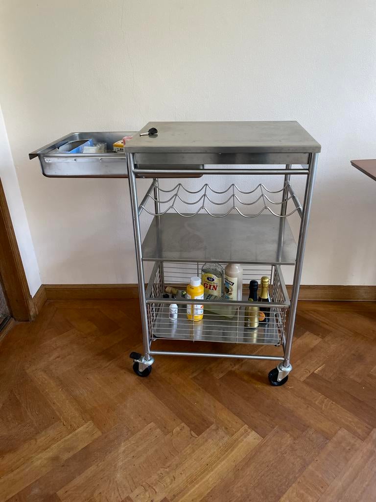 RVS Drank Kastje / Tafeltje met Wijnrek en Lade, Ophalen, Gebruikt, 50 tot 100 cm, Rechthoekig