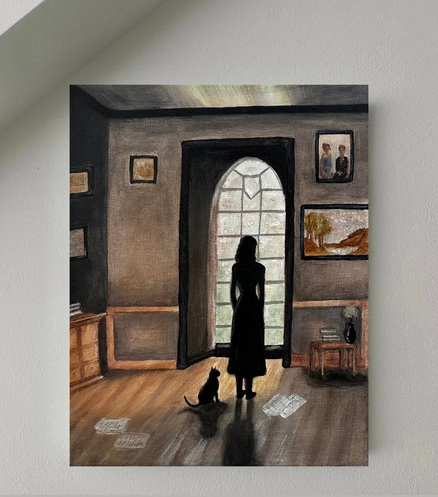Schilderij: Vrouw bij raam met kat, Antiek en Kunst, Ophalen of Verzenden