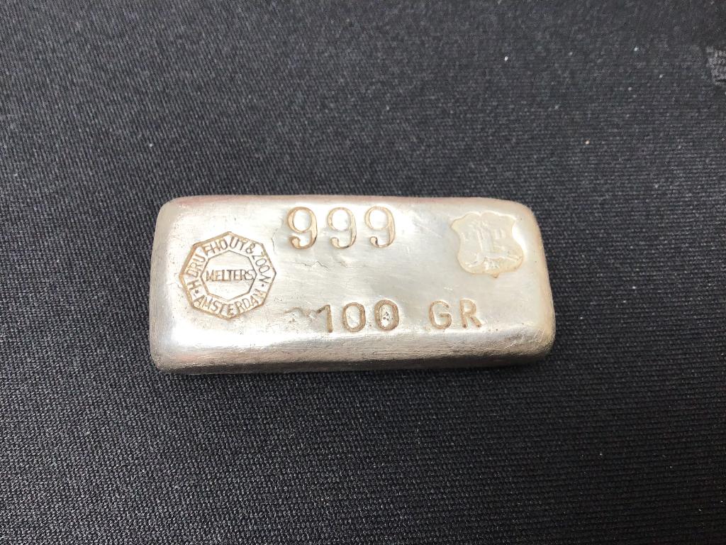 Drijfhout Amsterdam 100 gram zilverbaar, Postzegels en Munten, Edelmetalen en Baren, Ophalen, Zilver