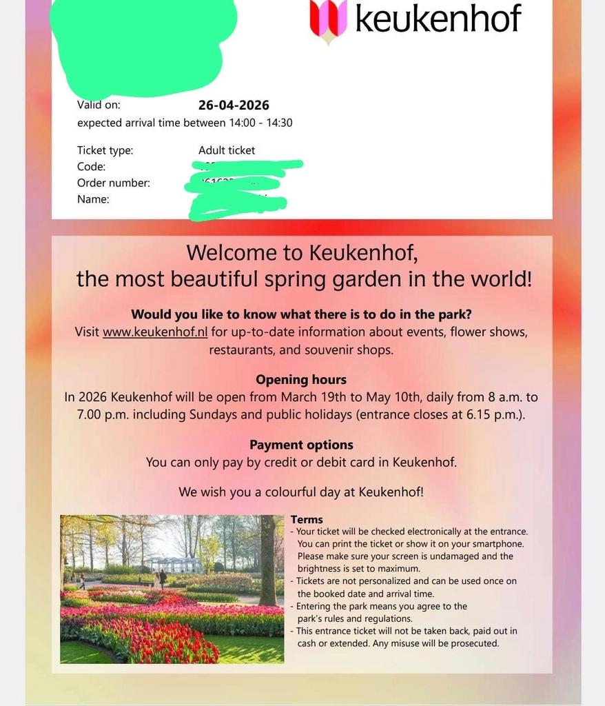 Twee keukenhof tickets 26-04, Tickets en Kaartjes, Twee personen, Ticket of Toegangskaart