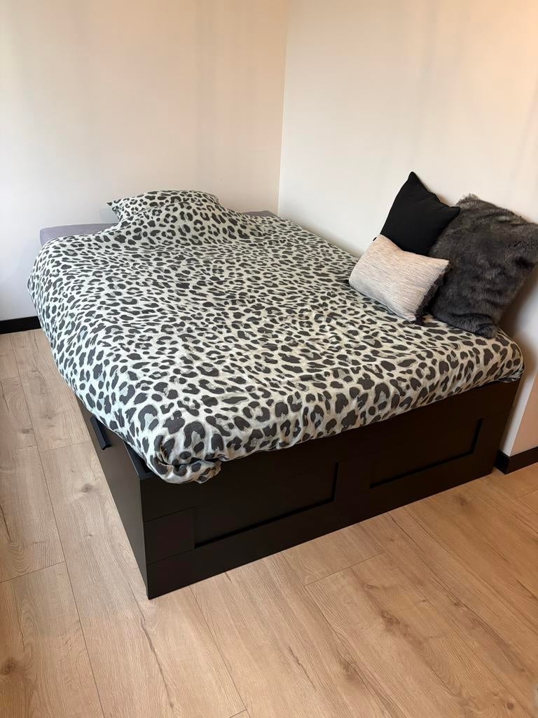 Tweepersoonsbed met opbergruimte, Ophalen, Gebruikt, Zwart, Tweepersoons