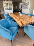 Lange eiken gietepoxy tafel met 9 eetkamerstoelen, Ophalen, Gebruikt, 100 tot 150 cm, Eikenhout