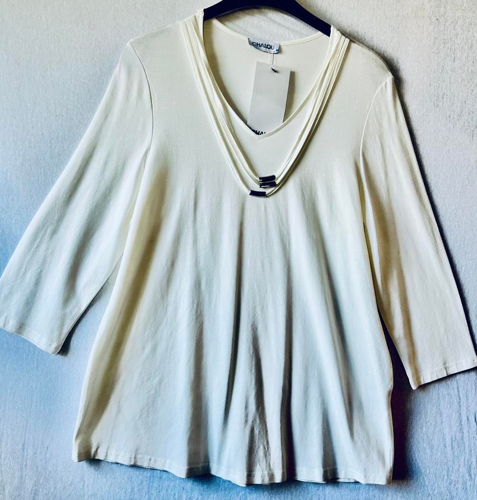 Chalou Creme stretch shirt 44, Ophalen of Verzenden, Zo goed als nieuw, Beige, Shirt of Top