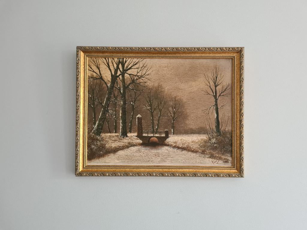 Gesigneerd landschap schilderij, gedetailleerde gouden lijst, Antiek en Kunst, Kunst | Schilderijen | Klassiek, Ophalen of Verzenden