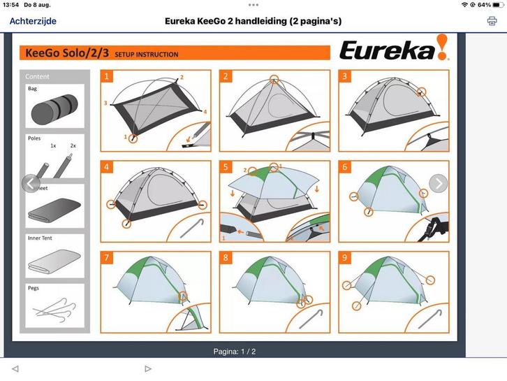 Trekkerstent Eureka KeeGo Solo/2/3 - Redelijke staat, Caravans en Kamperen, Tenten, Ophalen