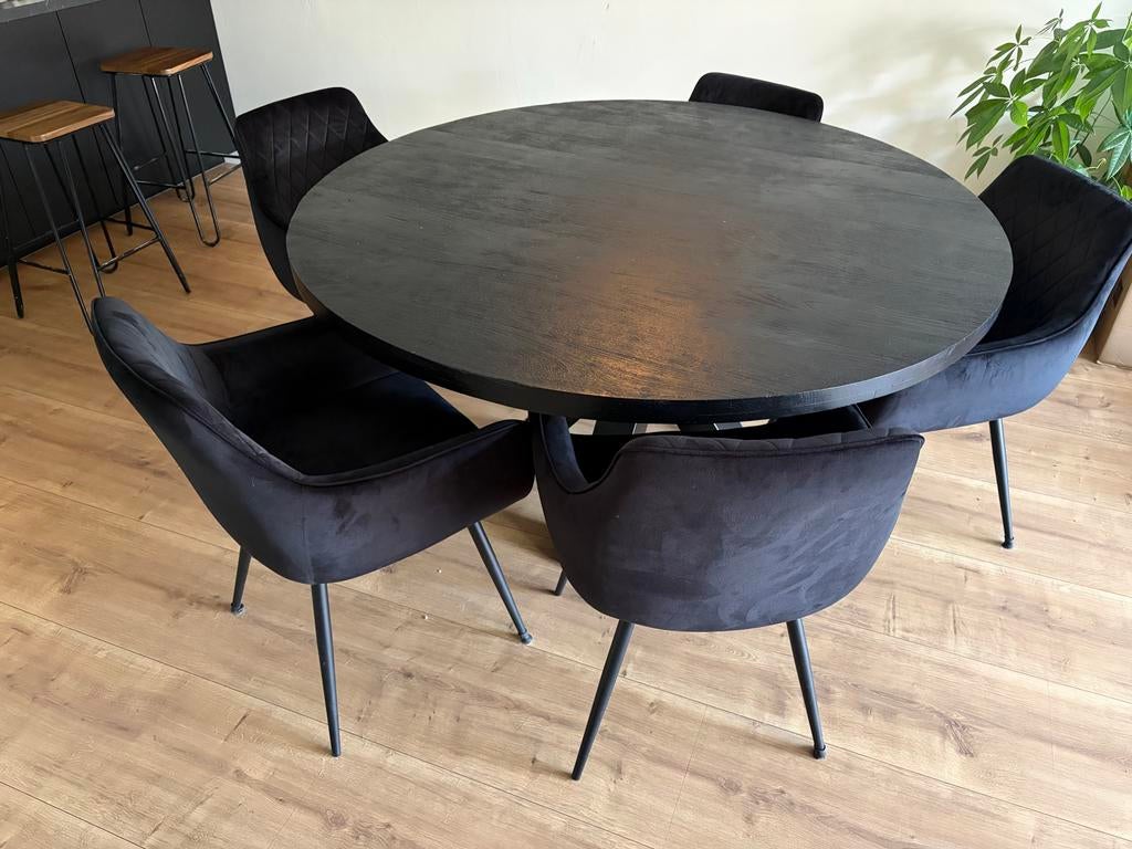 Ronde Mangohouten Eettafel Zwart met 6 Stoelen, Huis en Inrichting, Tafels | Eettafels, Ophalen, Gebruikt, 100 tot 150 cm, Rond