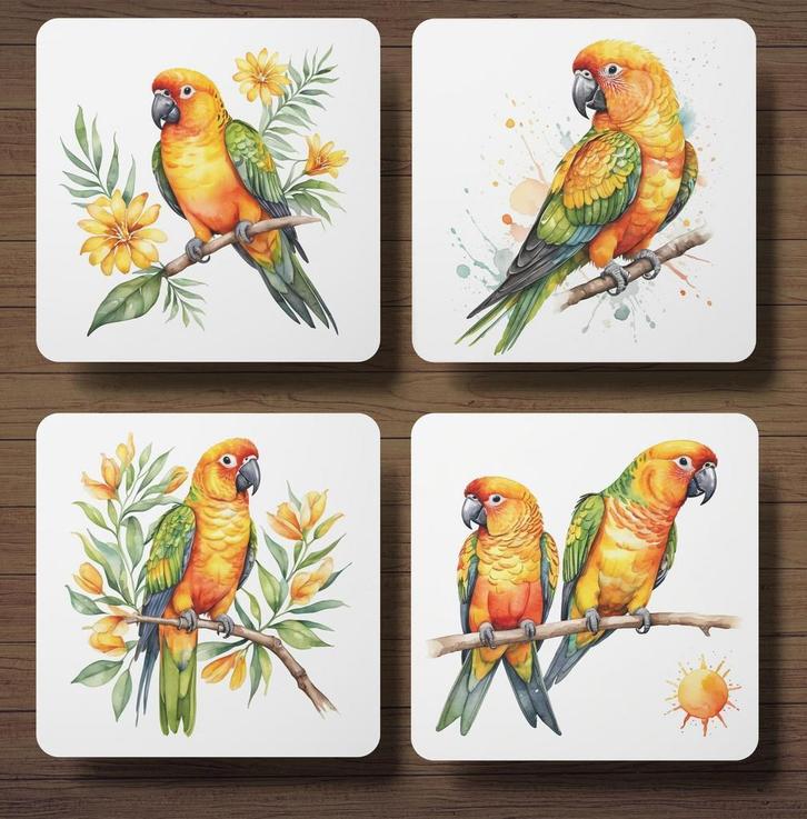 Zonparkiet onderzetters met houder, Huis en Inrichting, Woonaccessoires | Onderzetters, Nieuw, Glas of Kopje, Ophalen of Verzenden