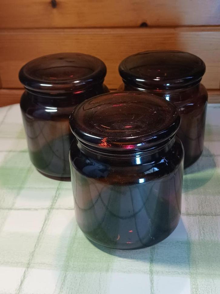 Apothekerspotten Bruin glas  platte deksel(4), Antiek en Kunst, Antiek | Glas en Kristal, Ophalen of Verzenden