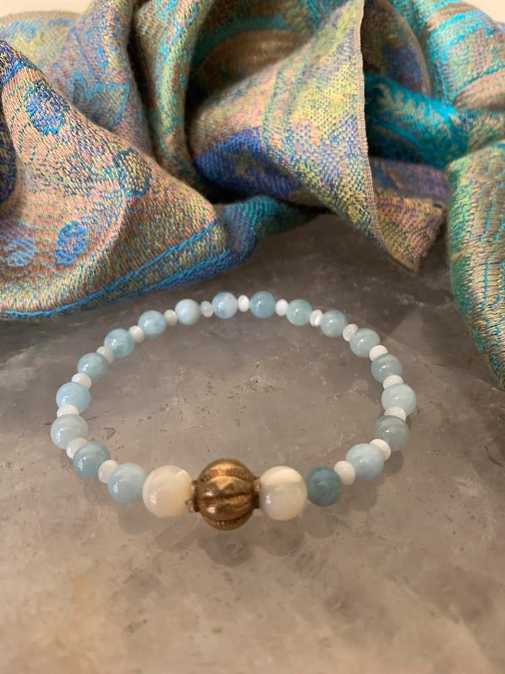 Aquamarijn parelmoer beschermt geluk vrede intuïtie, Sieraden, Tassen en Uiterlijk, Armbanden, Nieuw, Zilver, Blauw, Met bedels of kralen