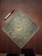 antiek geel latoen koper bordje mijn haan kraait koning 1933, Antiek en Kunst, Ophalen of Verzenden