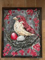 Schilderij Vogel met Rode Tinten - Acryl op Doek, Ophalen of Verzenden