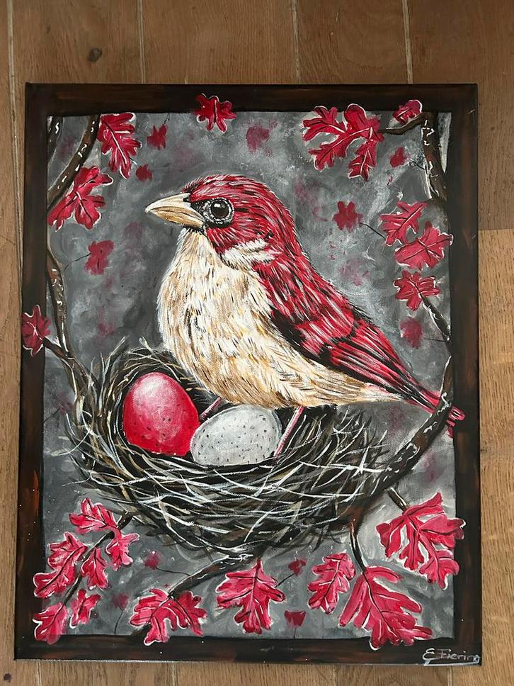 Schilderij Vogel met Rode Tinten - Acryl op Doek, Antiek en Kunst, Kunst | Schilderijen | Klassiek, Ophalen of Verzenden