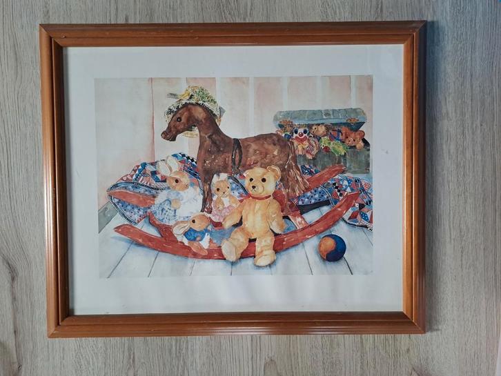 Ingelijste prent met vintage speelgoed houten lijst 56x46cm, Antiek en Kunst, Kunst | Tekeningen en Foto's, Ophalen