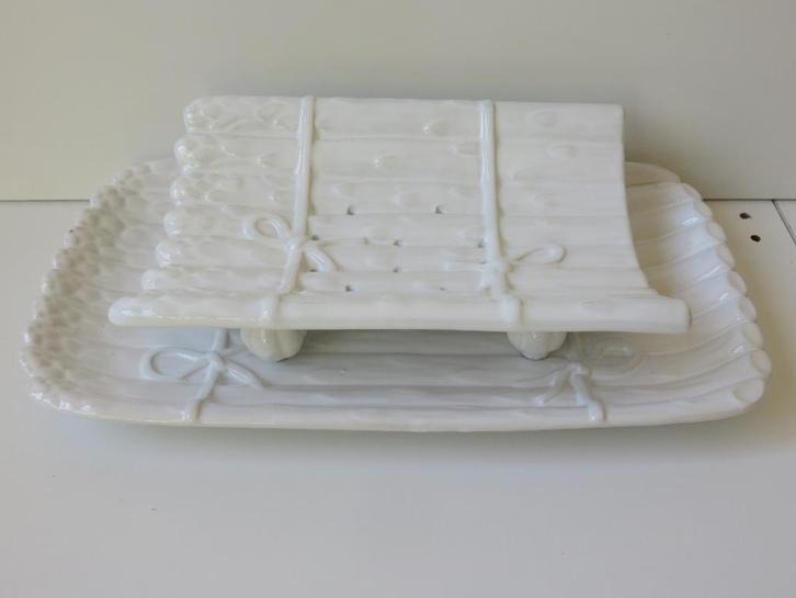 Witte aspergeschaal, asperge uitlekschaal met bord 2-delig, Huis en Inrichting, Keuken | Servies, Zo goed als nieuw, Schaal of Schalen