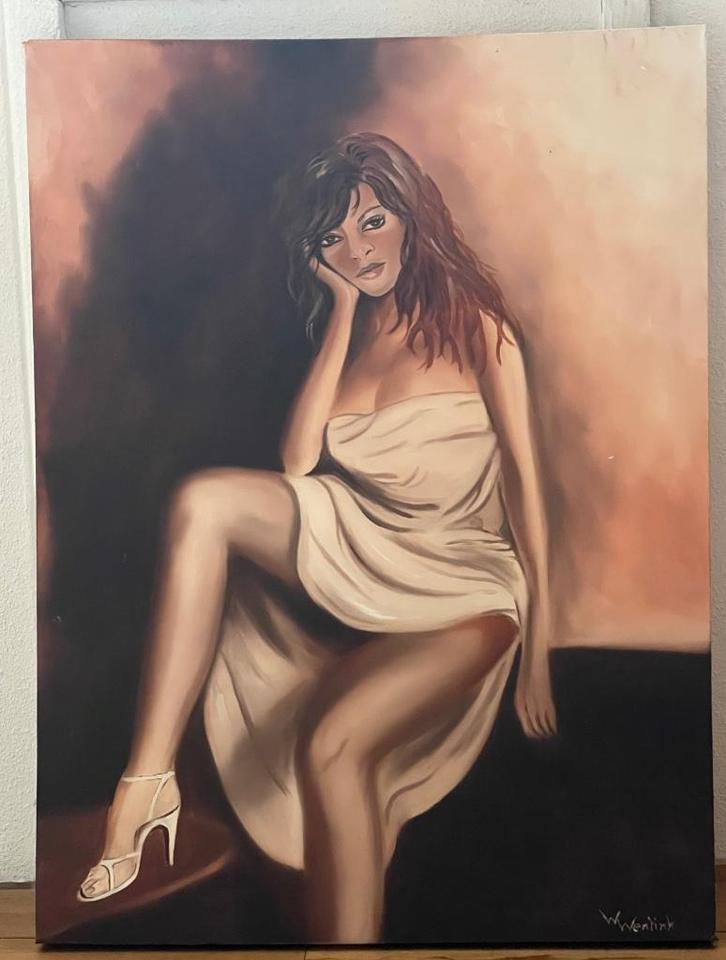 Olieverfschilderij vrouw in wit gewaad, Huis en Inrichting, Woonaccessoires | Schilderijen, Tekeningen en Foto's, Zo goed als nieuw