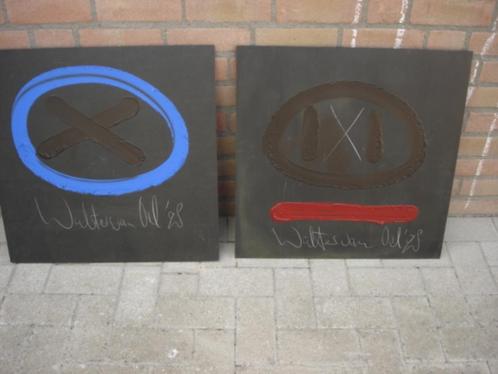 2x Walter van Oel Olieverf op MDF 60 X 60 cm gesigneerd, Antiek en Kunst, Kunst | Schilderijen | Abstract, Ophalen of Verzenden