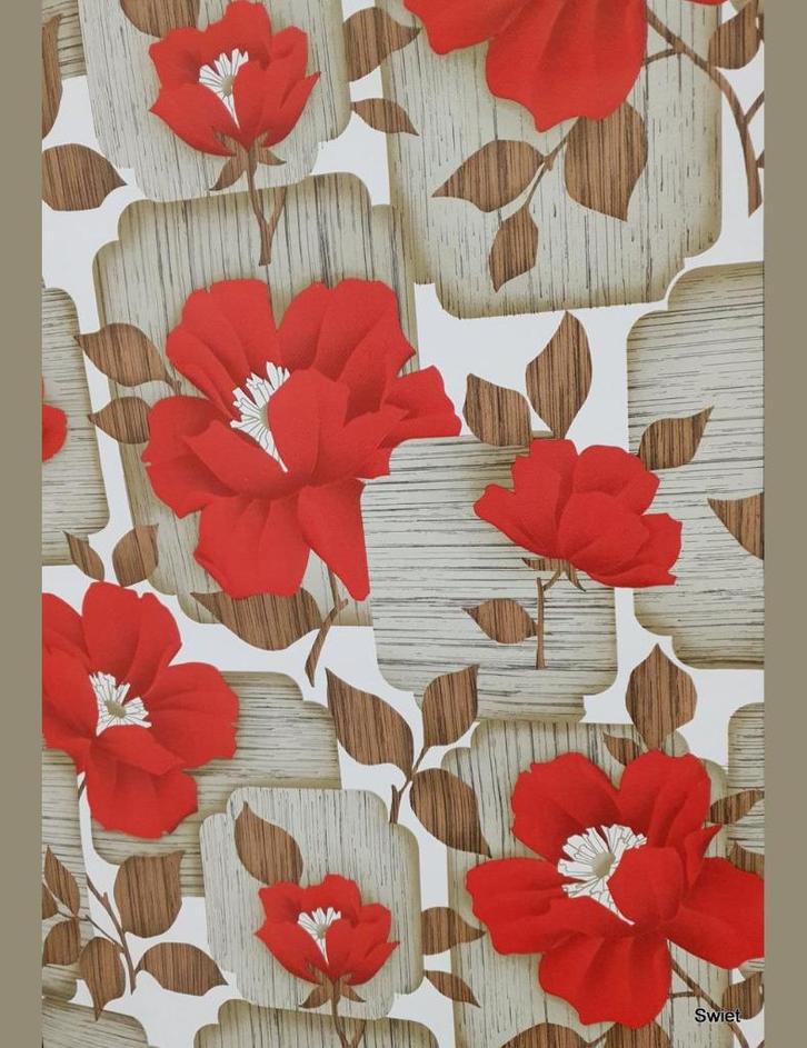 13007 Rode klaprozen rozen bloem  blokstijl swiet wallpaper, Huis en Inrichting, Stoffering | Behang, 75 m² of meer, Ophalen of Verzenden