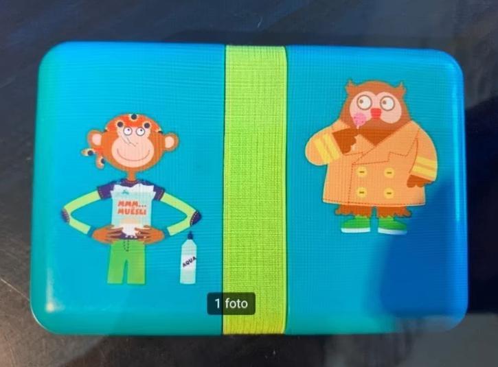 Blauwe lunchbox, broodtrommel aap uil elastiek; HEMA, Diversen, Schoolbenodigdheden, Zo goed als nieuw, Ophalen of Verzenden