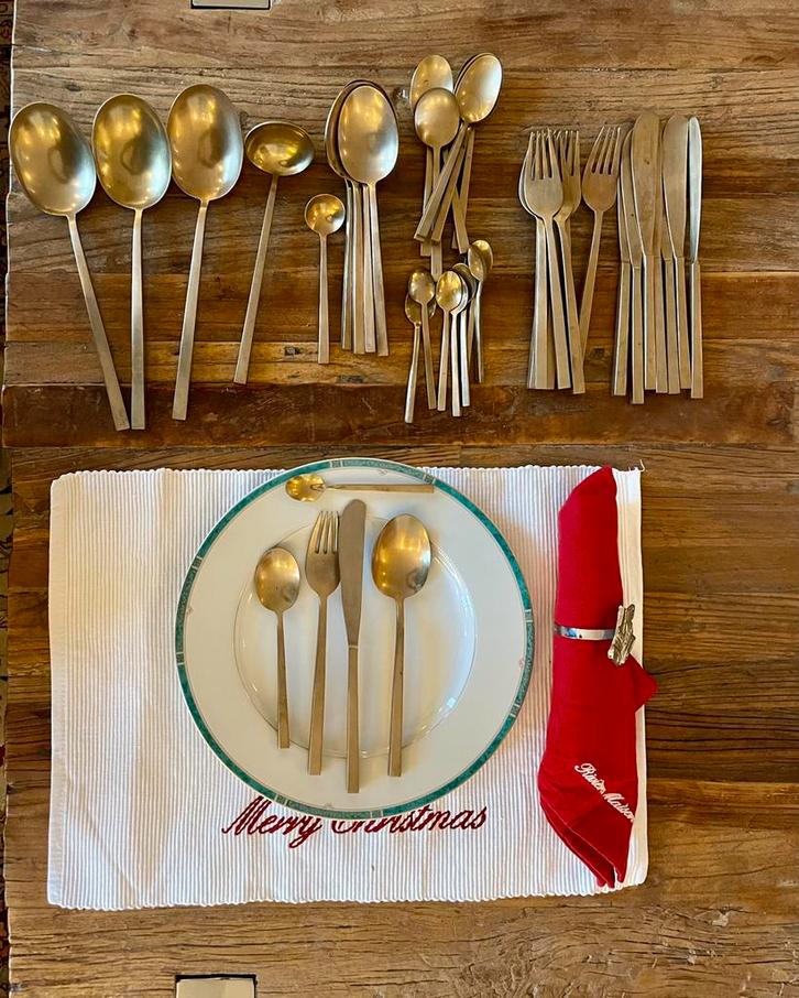 Vintage messing goudkleurige bestek 8 personen, Huis en Inrichting, Keuken | Bestek, Overige materialen, Ophalen