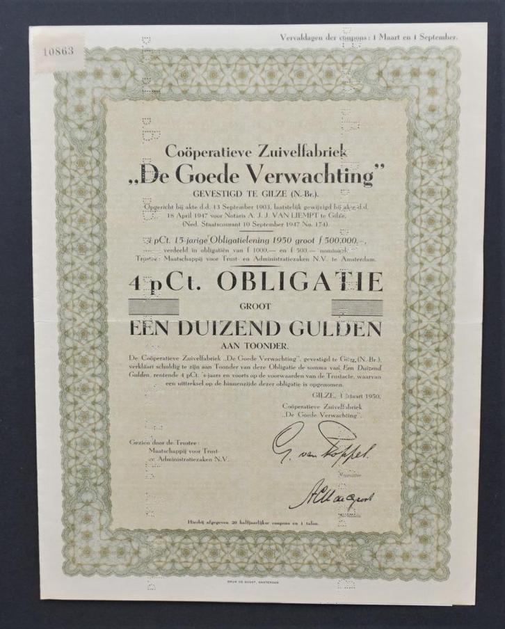 Coöperatieve Zuivelfabriek De Goede Verwachting - Gilze 1950, Postzegels en Munten, Aandelen en Waardepapieren, Obligatie of Lening