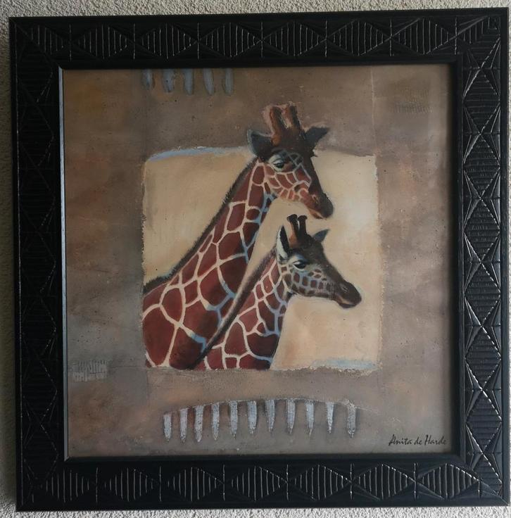 2 Schilderijen Anita de Harde - Olifanten & Giraffen, Antiek en Kunst, Kunst | Schilderijen | Klassiek, Ophalen of Verzenden