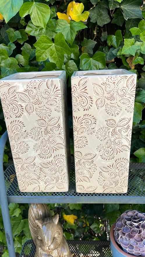 Mooie rechthoekige bloempotten beige bruine bloemen, Tuin en Terras, Bloempotten, Zo goed als nieuw, Aardewerk, Binnen, Minder dan 25 cm