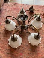 Vintage kroonluchter met 5 armen en wit glazen kapje, Ophalen, Gebruikt, Glas