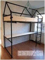 Hoogslaper HUIS zwarte steigerbuis met steigerhout, 85 tot 100 cm, Hoogslaper of Stapelbed, Info@hout-art.nl, Nieuw