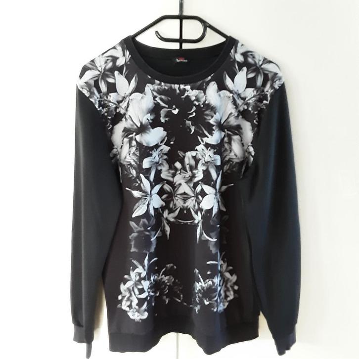 Coolcat, zwarte sweater , wit/grijze bloemenprint maat L, Kleding | Heren, Truien en Vesten, Zo goed als nieuw, Overige maten
