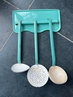 Vintage Emaille Keukengerei Set Turquoise met Houder - 3 Del, Ophalen of Verzenden