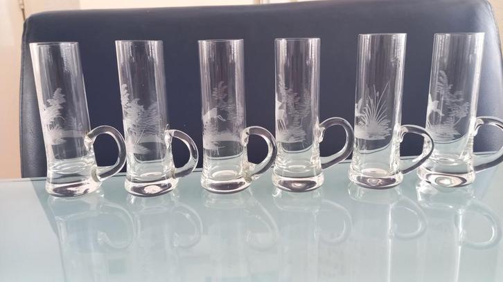 6 Schnapsglaasjes met Gravures, Antiek en Kunst, Antiek | Glas en Kristal, Ophalen of Verzenden