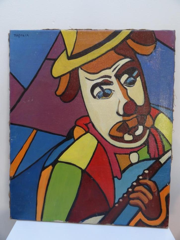 Kleurrijk kubistisch schilderij clown met fluit Tersteeg '50, Antiek en Kunst, Kunst | Schilderijen | Klassiek, Verzenden
