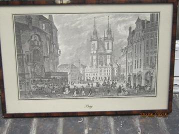 Praag, Mooie Oude gravure van een Kerk en veel  mensen beschikbaar voor biedingen