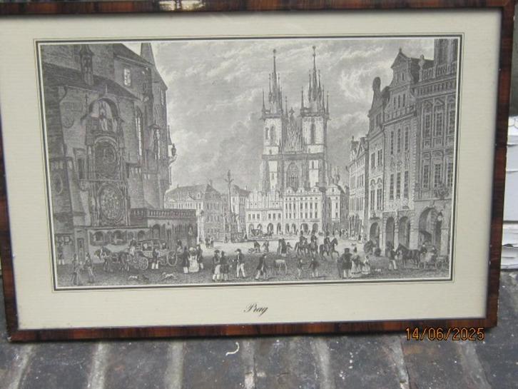 Praag, Mooie Oude gravure van een Kerk en veel  mensen, Antiek en Kunst, Kunst | Etsen en Gravures, Ophalen of Verzenden