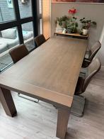 Robuste eettafel met 4 lederen stoelen nederlands design, Huis en Inrichting, Ophalen, Zo goed als nieuw, 4 tot 6 stoelen