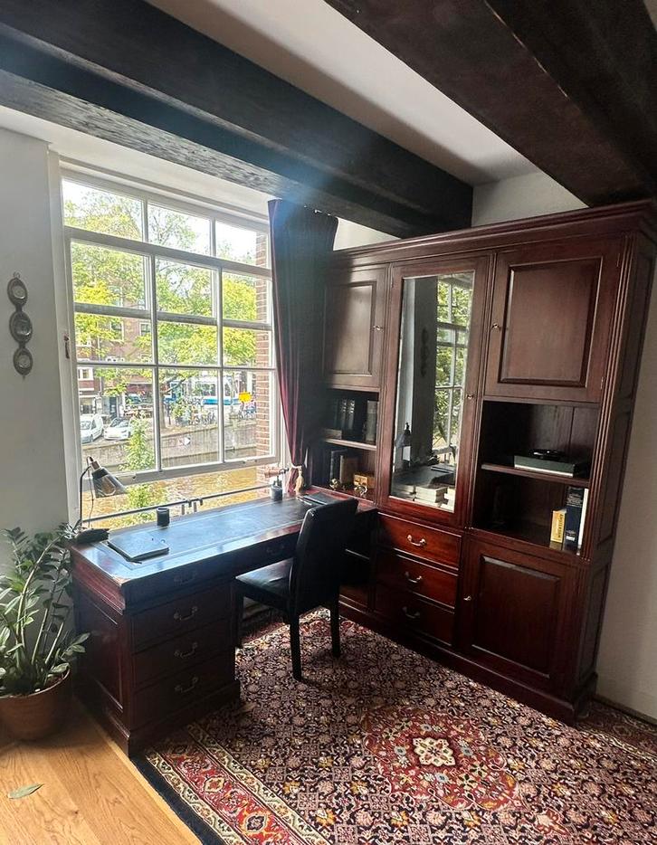 Massief Eikenhout Engels Mahonie Bureau met opzetkast, Huis en Inrichting, Bureaus, Zo goed als nieuw, Ophalen