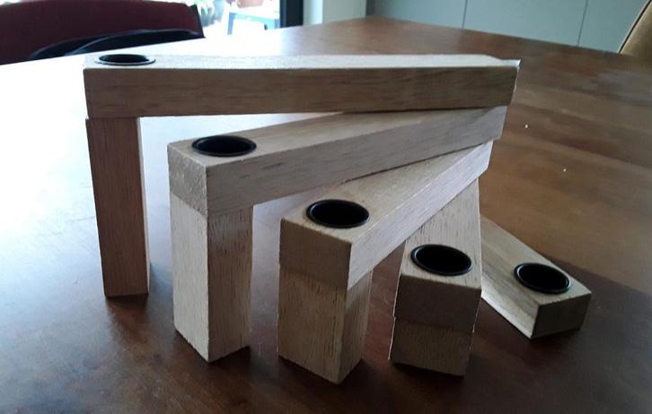Houten kandelaar voor 5 kaarsen, Coen van Leeff, Huis en Inrichting, Woonaccessoires | Kandelaars en Kaarsen, Zo goed als nieuw